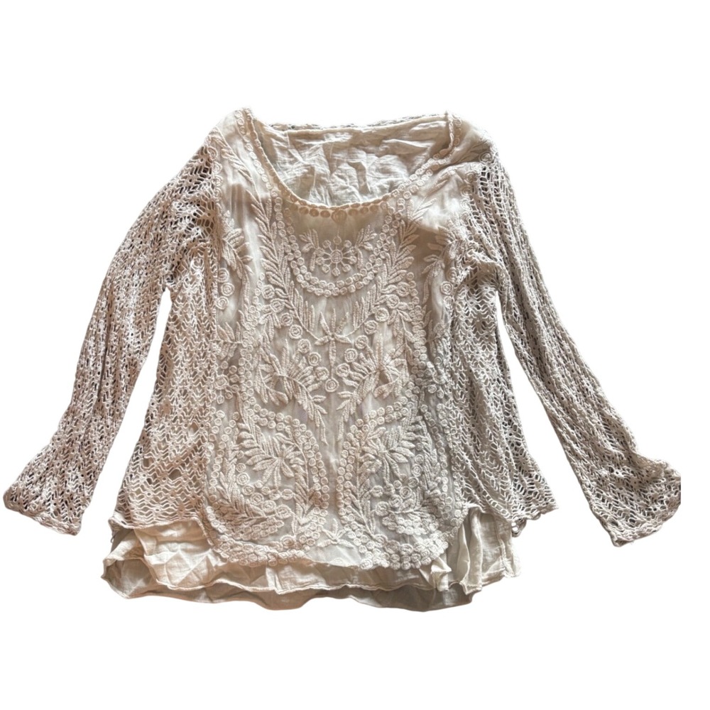 Made in Italy Floral Embroidered Crochet Lace Long Sleeve Boho Top Cream Size 8